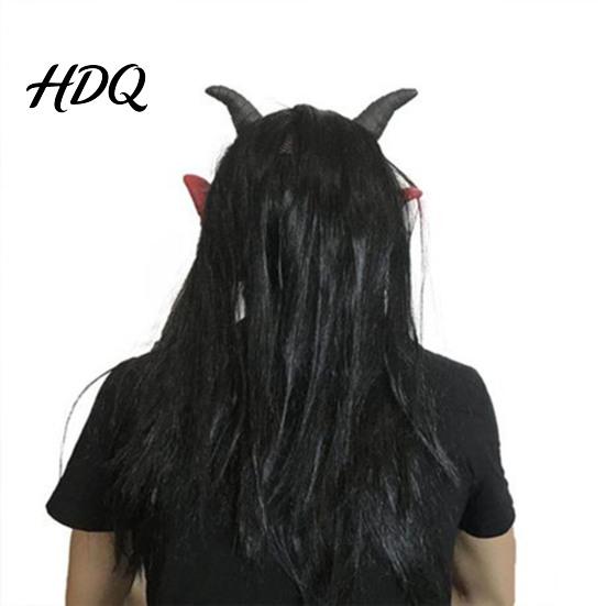 Creepy Red Devil Costume Accessory Halloween Satan Mask Realistic Full Head Latex with Long Escape Room Horror Decorations Horns And Fangs,