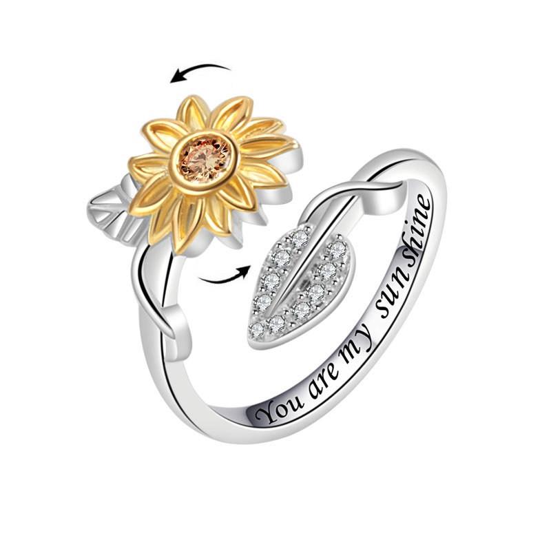 Mote Fidget Spinner Ring Angst for Kvinner Flere Krystall Solsikke Fingerringer Roter Anti Stress Zirkon Bryllupsgave