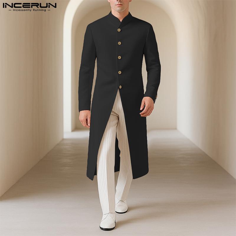 INCERUN Men Autumn Long Sleeve Buttons High Splits Long Coats Windbreaker