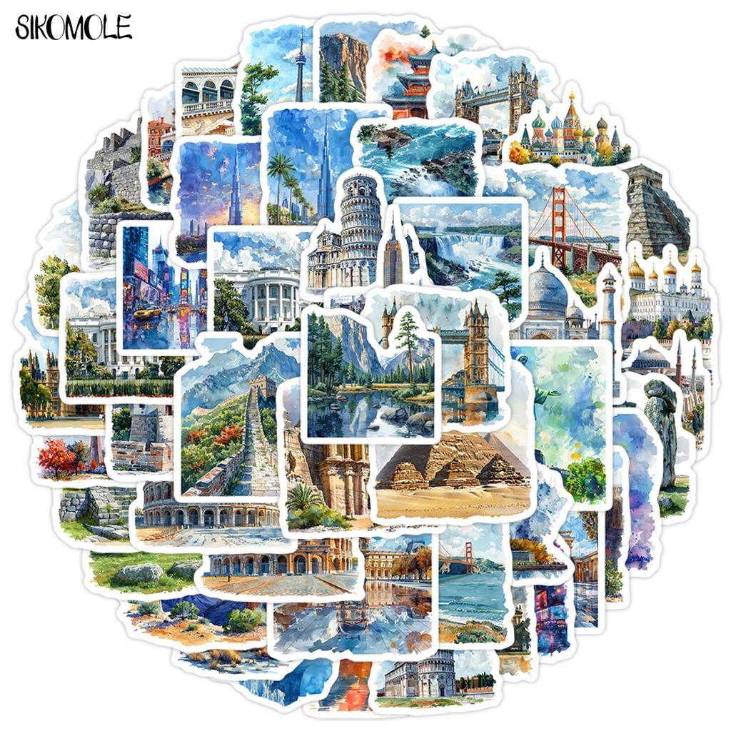 10 30 50PCS Cartoon Watercolor Famous Buildings Stickers Aesthetic DIY Decoration Toy Travel Luggage Decal Graffiti Sticker Pack