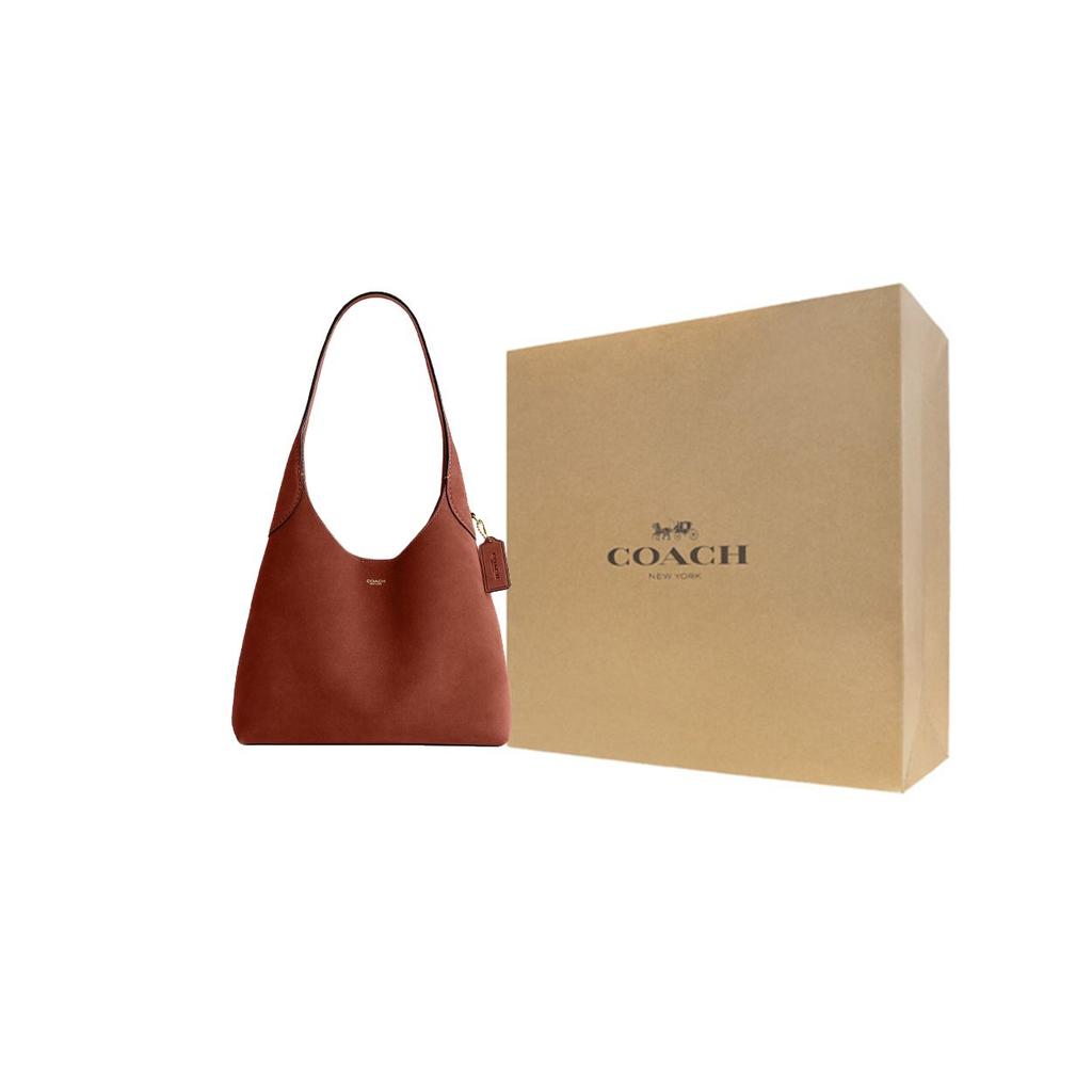 Coach Brooklyn 28 Logo Plaque Suede And Leather Shoulder Bag Large Women Shoulder Bag Clay CW637-B4AY