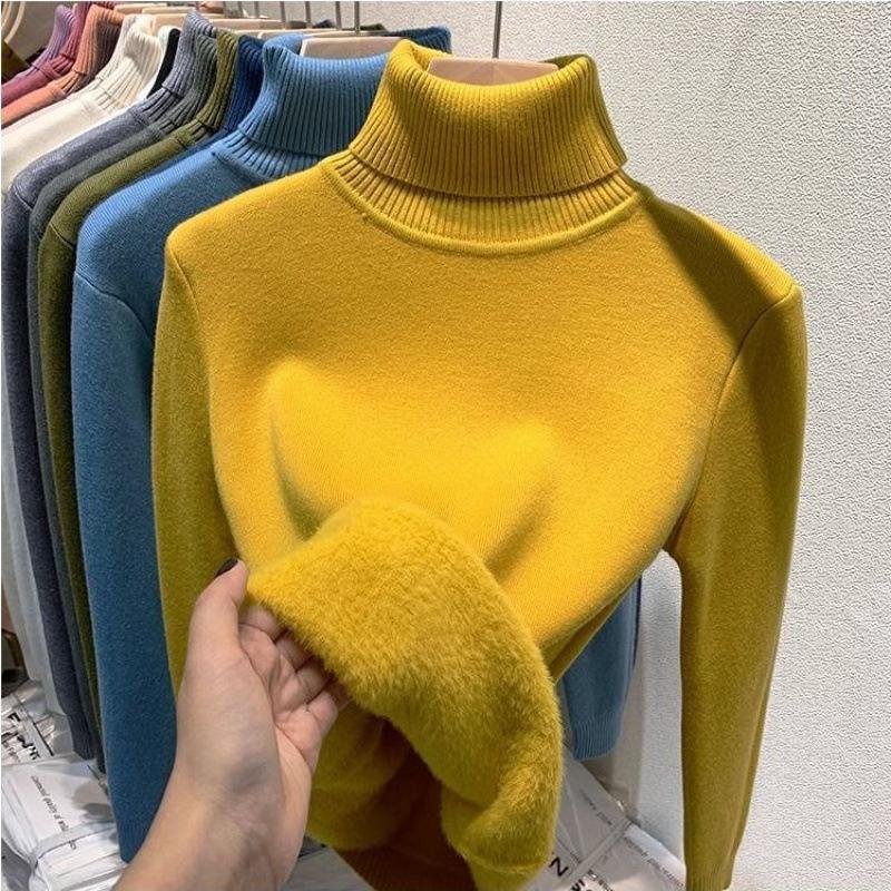 Winter High Collar Solid Color Velvet Warm Bottomed Sweater Women Simple All-match Knitting Pullover Top