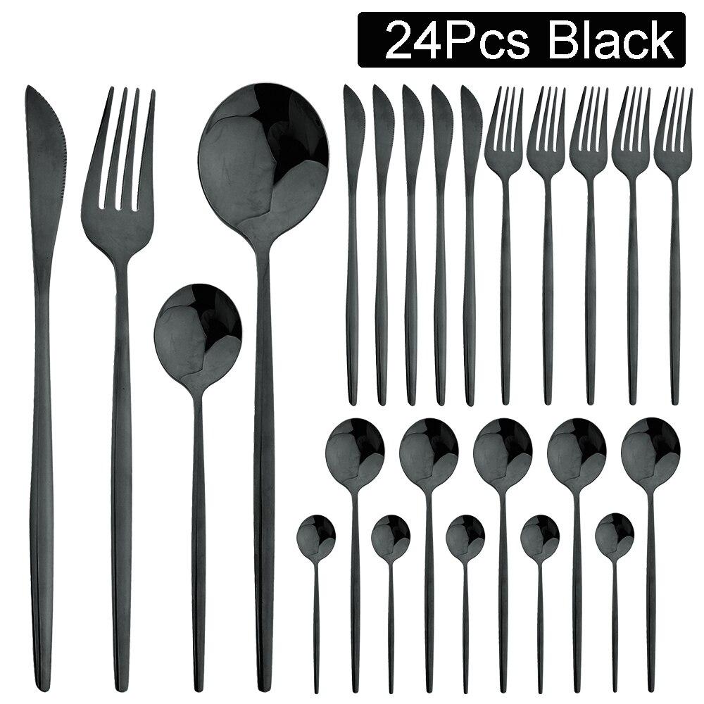 24Pcs Tableware Set Stainless Steel Dinnerware Knife Fork Spoon Dinner Flatware Kitchen Colorful Elegant Black Gold Cutlery Set