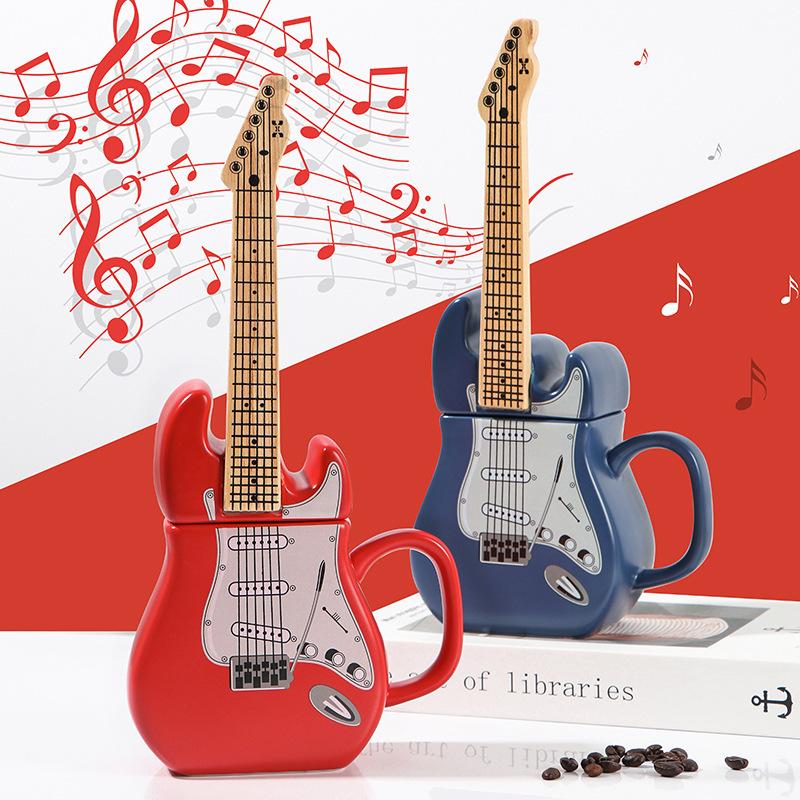 Electric Guitar Shaped Ceramic Mug with Music Notes , 3D Novelty Coffee Cup for Music Lovers, Vibrant Red/Blue Design, Durable Gift for Musicians,