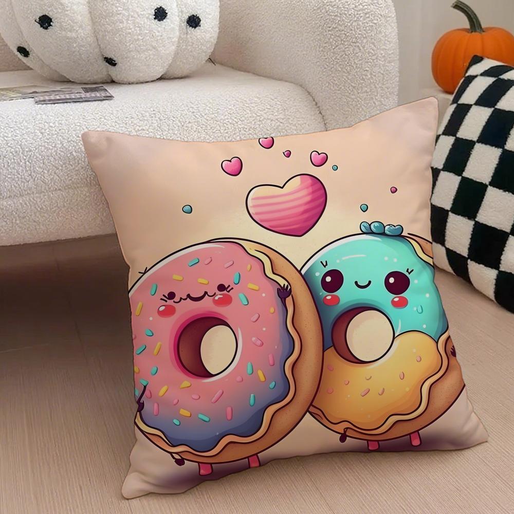 Food Lovers Cartoon Cute Donuts Art Cushion Cover Throw Pillow Cover Hidden Button Durable Polyester Chair Cushion