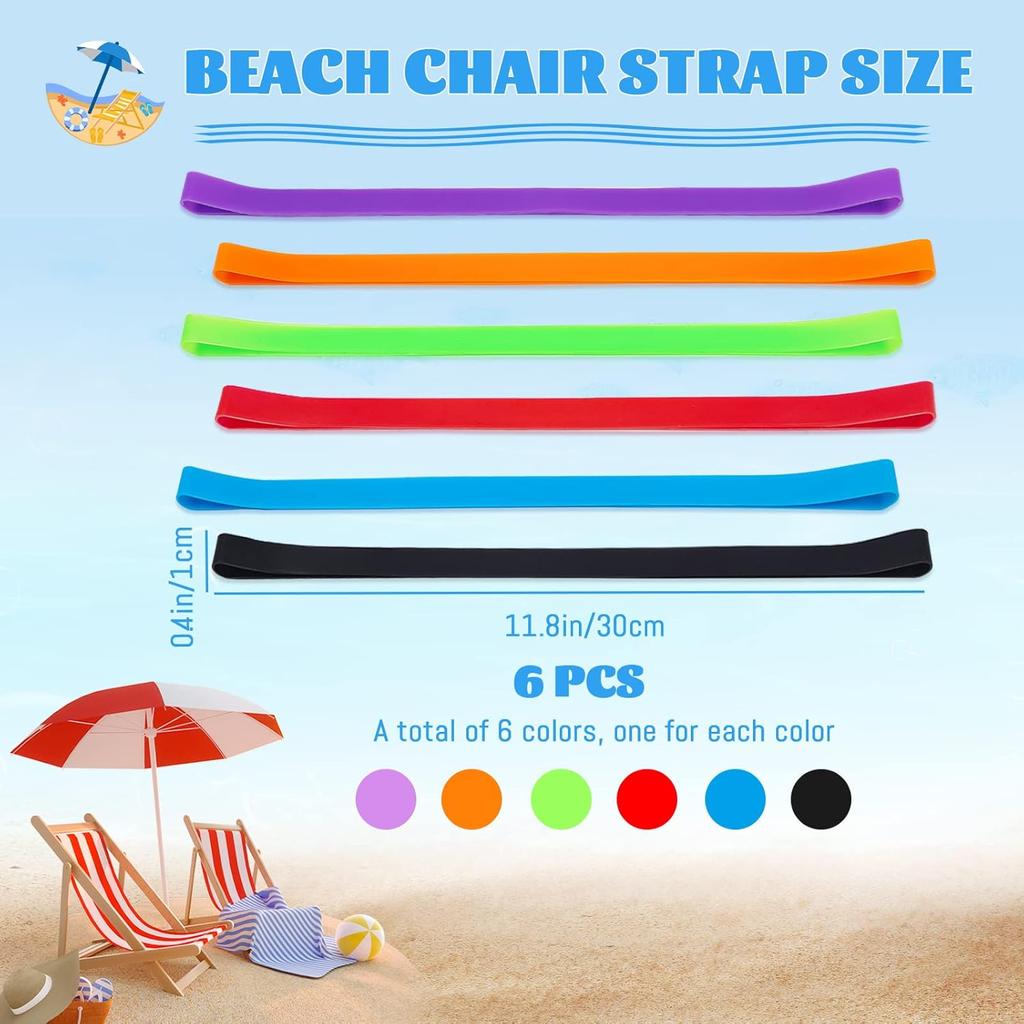 6 Pack Towel Bands for Beach Chair, Windproof Rubber Beach Towel Clips Bands, Stretchable Colorful Chair Silicone Holder for Swimming Pool Cruise (6