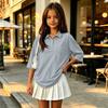 Children's Color 3/4 Sleeve Button Down Shirt with Collar and Side Slits, Casual Everyday Wear