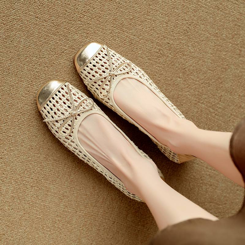 Krazing Pot Плетение из коровьей кожи Летний размер 41 Низкий каблук Вечерняя обувь Женские туфли с квадратным носком Гладиаторы Бант-бабочка Ажурные туфли 35 слоновая кость 6567₽