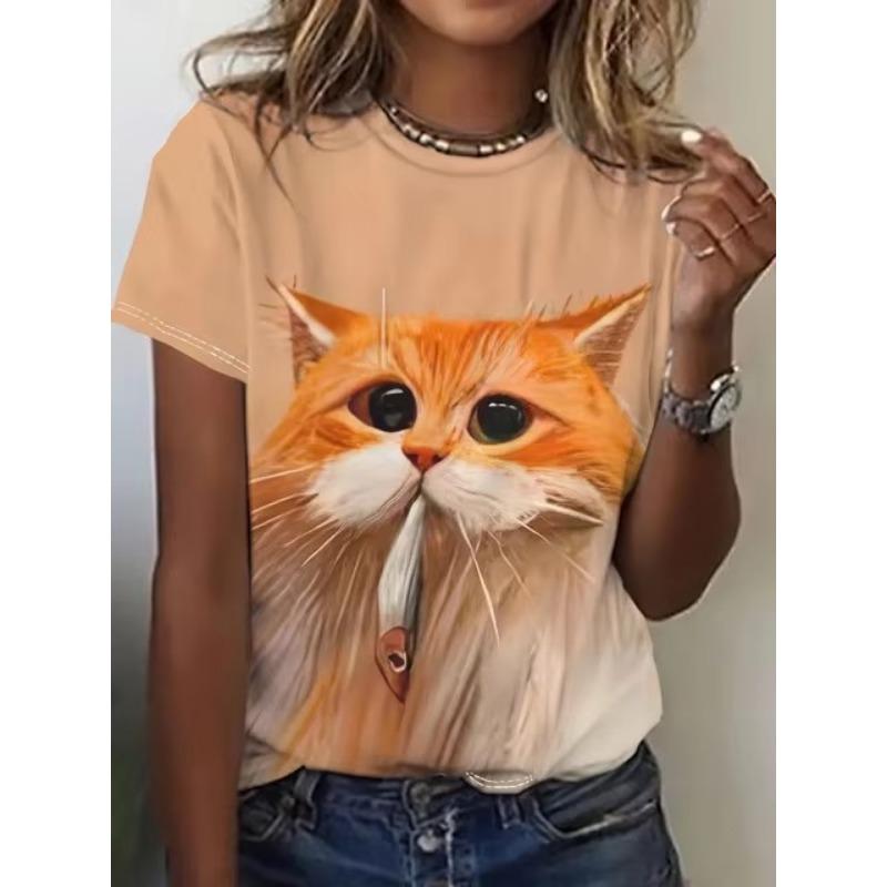 Animal Cat 3D Printed T-shirt for Women's Summer Short Sleeved Cute Animal T-shirt Y2k Harajuku Round Neck T-shirt for Women's Pullover