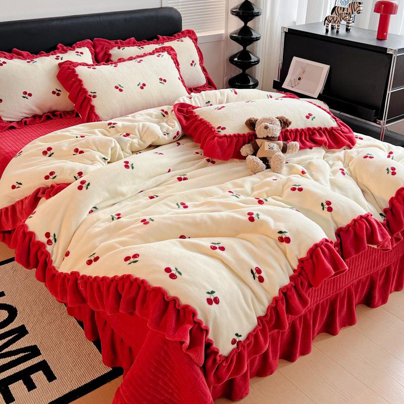 Xiaohongshu Popular Thickened Milk Fleece Bed Cover Bed Skirt Four-Piece Set Farai Fleece Warm Quilt Cover Bed Hat