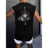 Heren Slim-Fit Mouwloos Patroon Vest - Berg en Kompas Ontwerp Print, Ademend Zomers Casual Shirt, Machine Wasbaar Ronde Hals Top