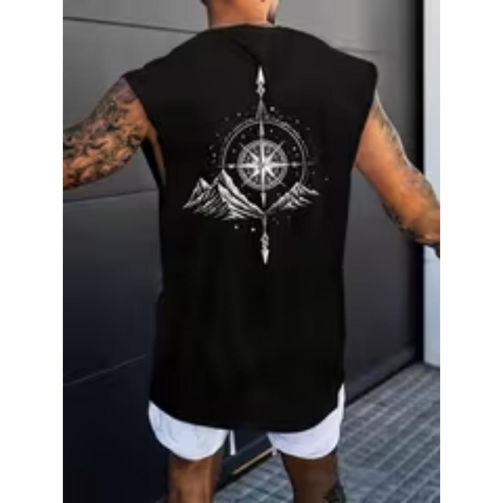 Heren Slim-Fit Mouwloos Patroon Vest - Berg en Kompas Ontwerp Print, Ademend Zomers Casual Shirt, Machine Wasbaar Ronde Hals Top