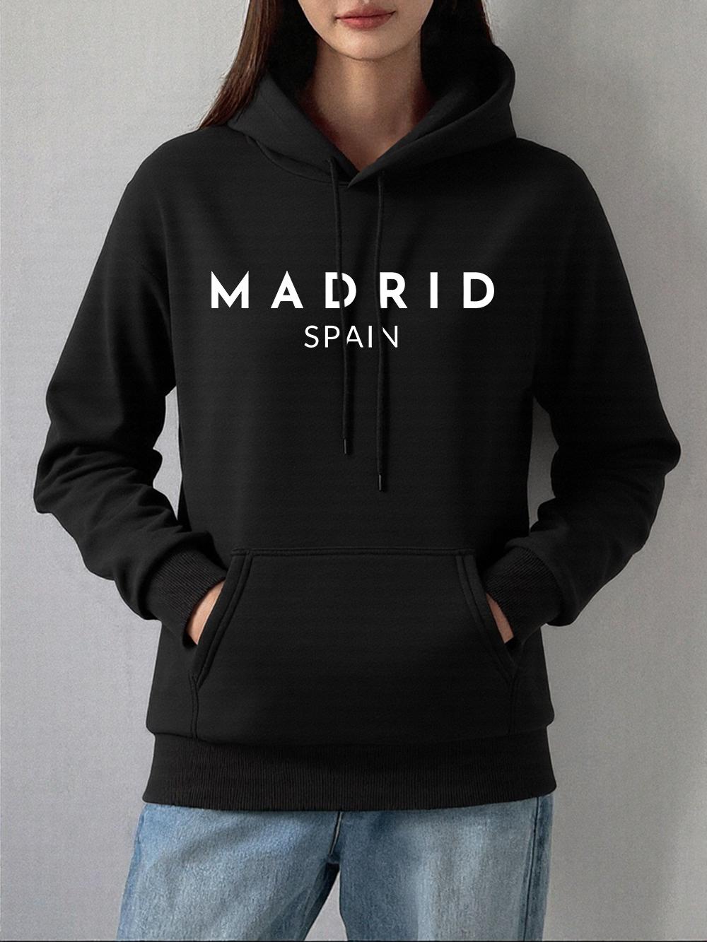 

Madrio Spain Printed Hoodies Women Comfortable Casual Sweatshirt Basics Pocket Pullover Autumn Winter Fleece Warm Womans Clothes 2XL