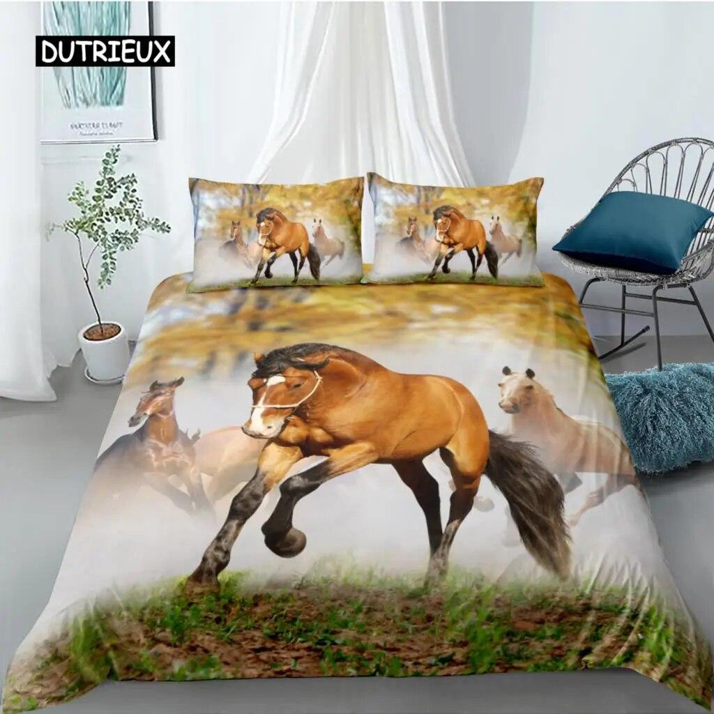 Horse Duvet Cover Set Twin King Size Galloping Steed Bedding Set Microfiber 3D three piece set Farm Animals Rustic Country Style Comforter Cover