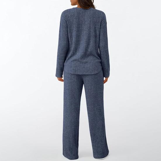 Women's 2 Piece Lounge Outfits Casual Long Sleeve Top Wide Leg Pants Pajamas Set Ribbed Sweater Sleepwear