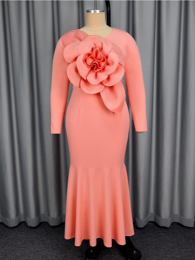 Elegant Pink Maxi Mermaid Dress with Long Sleeve Patchwork 3D Flower Bodycon Perfect for Cocktail Dinner Formal Party Gown