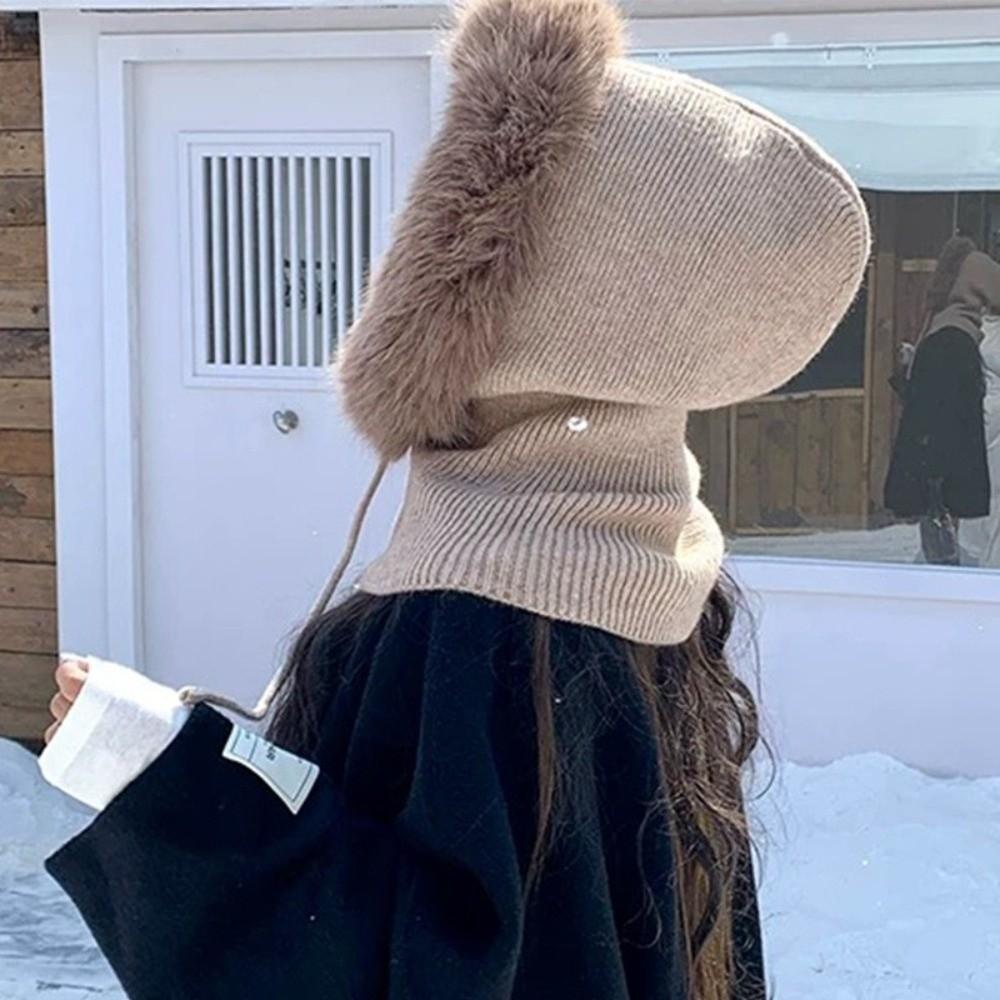 Versatile Balaclava Hat Imitation Mink Wool Drawstring Design Knitted Hat Warm Cold-proof Pullover Hat Autumn Winter Women Wear