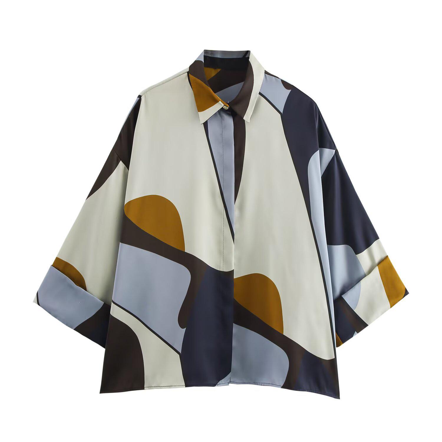 

2025 Spring Women s Color Block Print Silk Satin Button-Up Shirt with Turn-Down Collar Extra Small