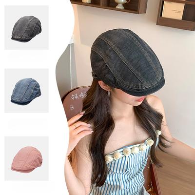 Summer Japanese Washed Denim Front Hat for Women with Versatile Retro Big Head Circumference Showing Face Little Painter Hat Wearing Beret