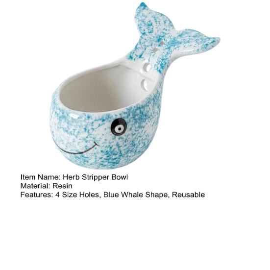 Herb Stripper Bowl Resin Herbal Peeling Bowl with 4 Size Holes Blue Whale Shape Pottery Herb Peeler for Removing Leaves from Thyme Rosemary
