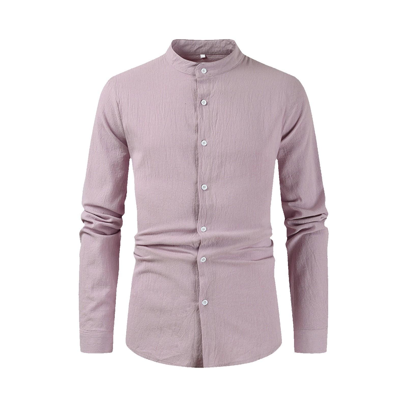 

Мужская повседневная модная рубашка с длинным рукавом, однотонная рубашка из хлопка и льна с воротником-стойкой и пуговицами L