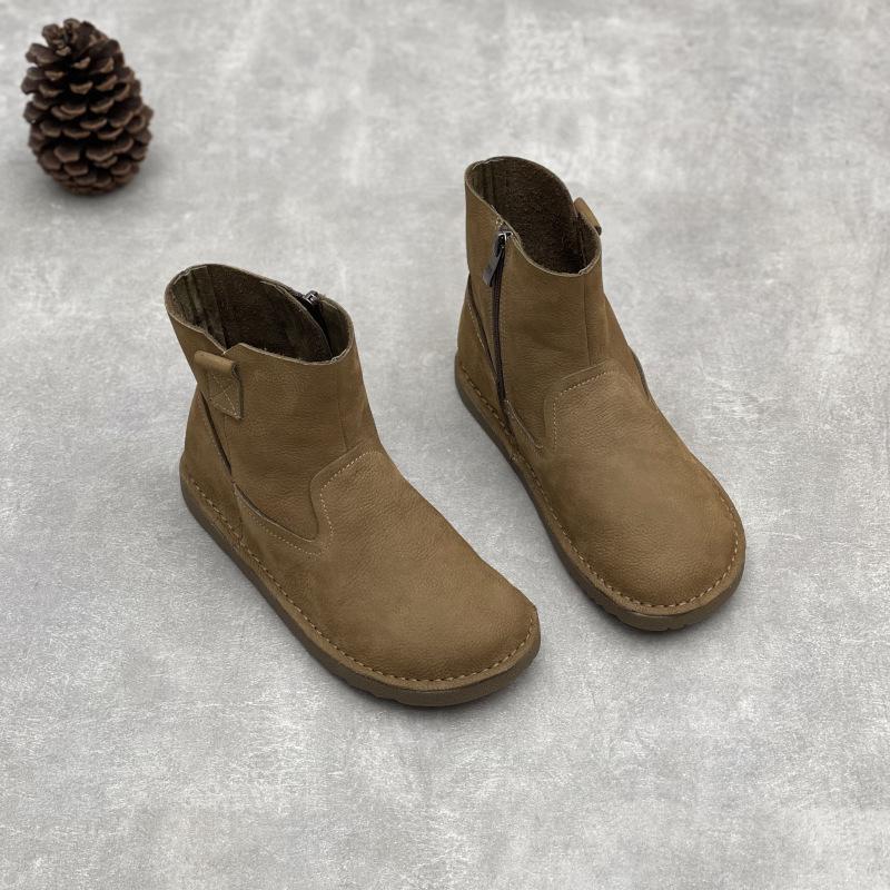Johnature Retro Ręcznie Robione Skórzane Botki z Okrągłym Noskiem Proste Miękkie Skórzane Damskie Botki
