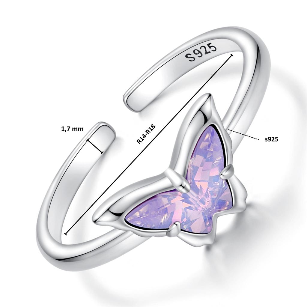 Silver Adjustable Ring with Crystal Butterfly, Silver 925