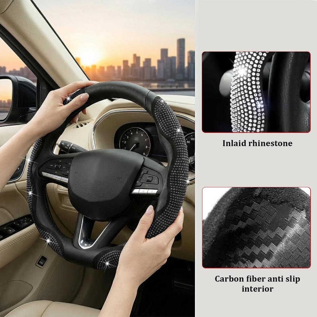 2PCS Bling Car Steering Wheel Cover, Crystal Rhinestones Segmented Vehicle Steering Wheel Wrap Cover, Sparkly Automotive Interior Protective
