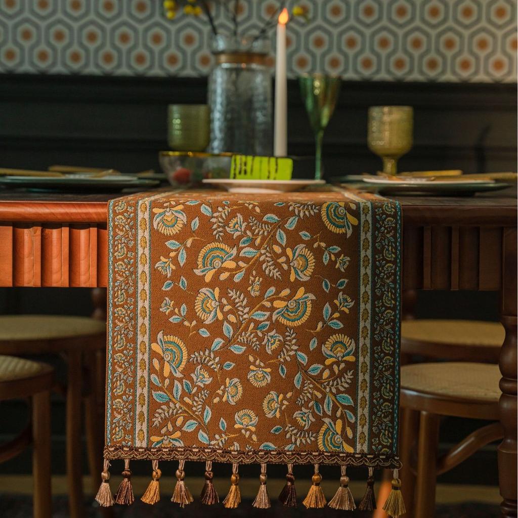 Plant Flower Table Runner with Tassels Jacquard Living Room Cabinet Cover Kitchen Dining Table Runner Party Decoration