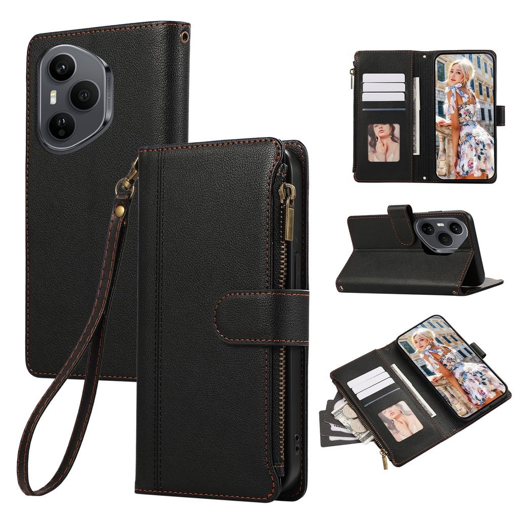 For Honor 400 Pro 5G (Global) Case Multi Card Slots Zipper Leather Phone Cover with Wrist Strap