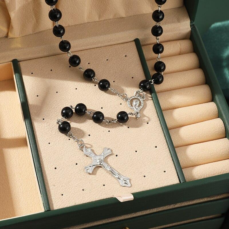 1 Stück Handgefertigte Halskette Damen Imitation Vintage Perlen Rosenkranzperlen Mit Kreuz Anhänger Schmuck