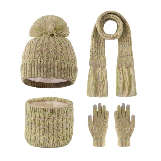 3Pcs/Set Kids Hat Scarf Gloves Set Rainbow Twist Texture Plush Ball Decor Knitting Hat