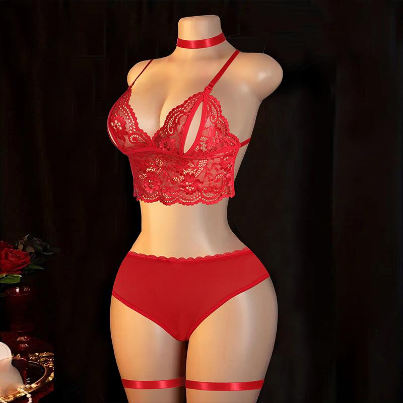 Sexy Women's Bra Panties Lace Set with Leg Rings Neck Rings Sex Underwear