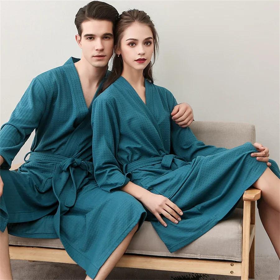 Yazlık Waffle Çift Bornozu Kimono Havlu Bornoz Erkek Sabahlık V yaka Ev Duş Bornozları Kadın Pijama Aşık Giysileri