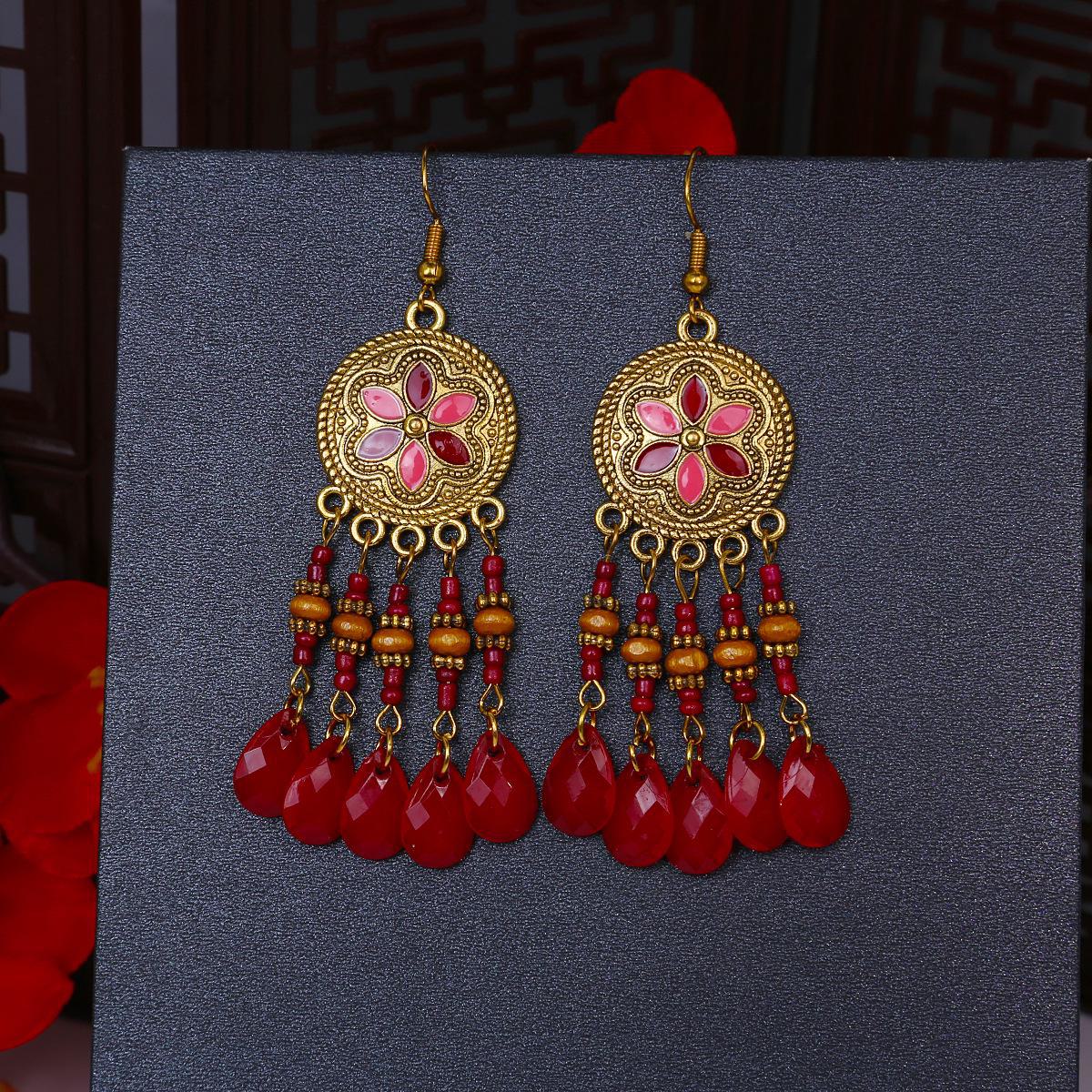 

Серьги-кисточки с рисовыми бусинами и каплями воды в стиле бохо - этнический стиль, яркая индивидуальность E6235-3 красный