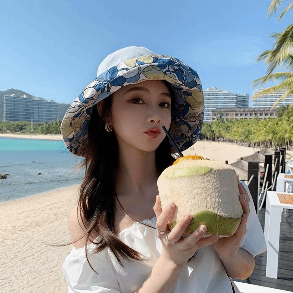 Solid Color Women Fisherman Hat Flower Print Sunscreen Visor Cap Bucket Hat Summer Sun Hat  Outdoor