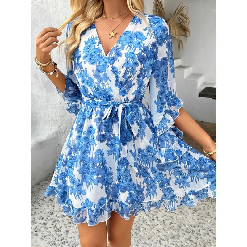 Women's Summer Vacation Casual Printed Lace-up Chiffon Dress