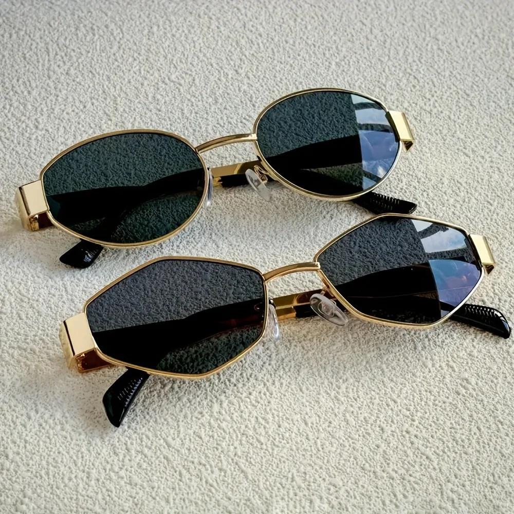 2Pcs Fashionable Oval & Polygonal Frame Combination Sunglasses, Metal Frame Pc Lenses, Fashionable Wear, Holiday Gifts