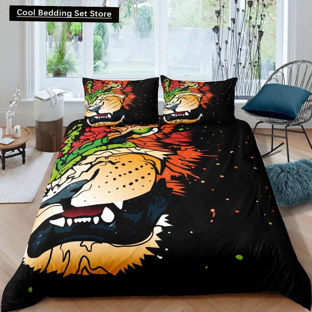 Cartoon Tiger Duvet Cover King Queen Animal Forest Theme Bedding Set for Kids Boys Girls Jungle Wildlife Polyester Quilt Cover