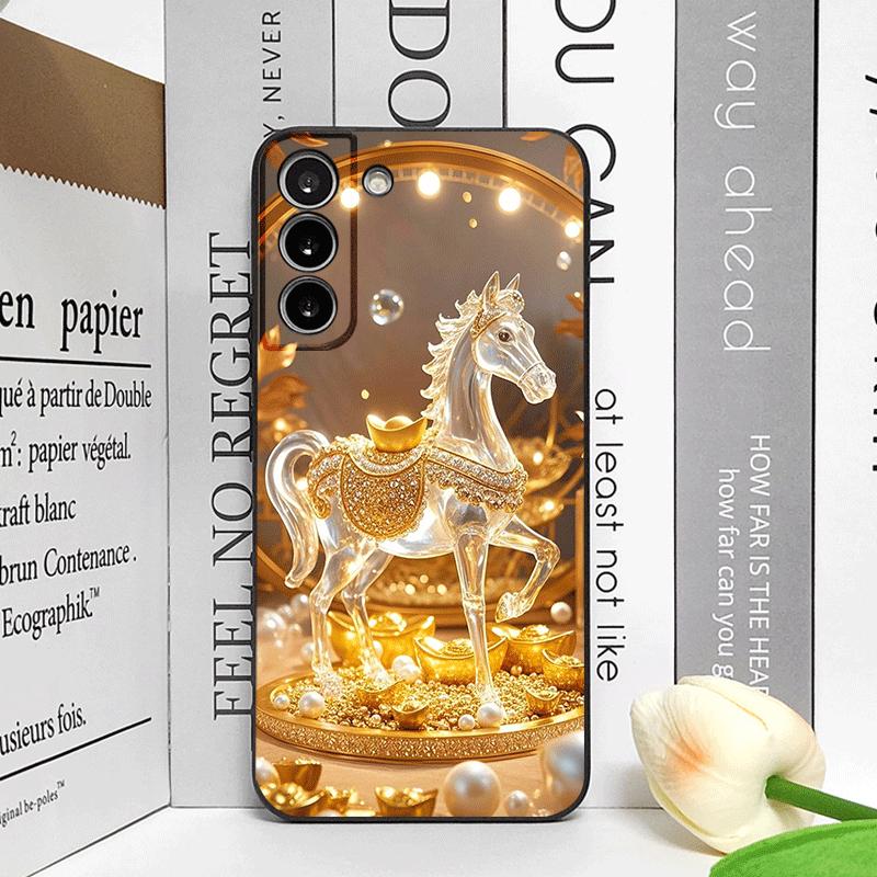 Luxury Crystal Golden Horse Pattern Phone Case for Samsung Galaxy S25 S24+ S23 Ultra S22 Plus S21 FE M53 Shockproof Soft Covers