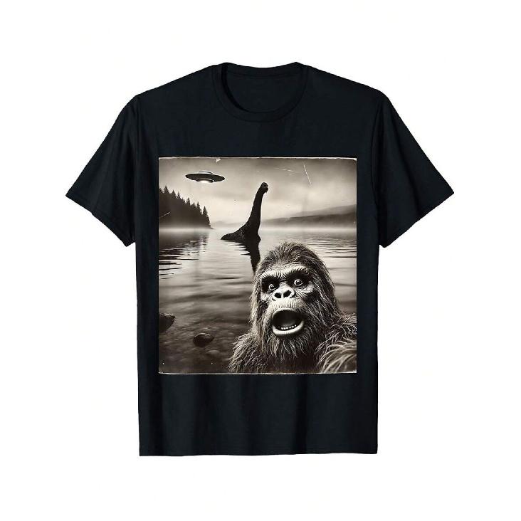 Big-Foot Selfie with Loch Ness Monste And UFO Aliens Graphic T-Shirt, Unisex Graphic T Shirts, Cotton, Streetwear Fashion, Everyday Outfit, Unique