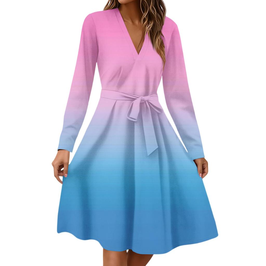 Women's Fashion Casual V-Neck Long Sleeve Waist Floral Print Midi Dress