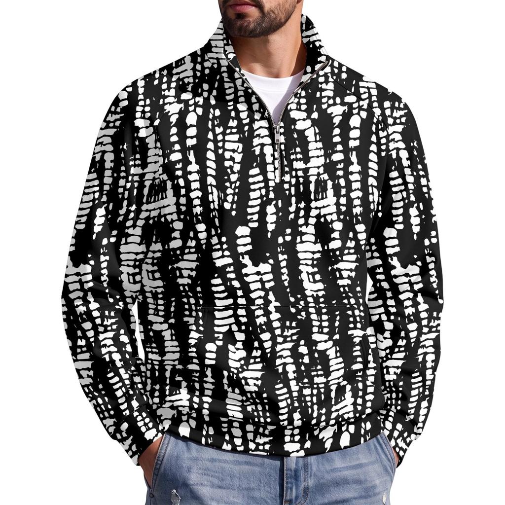 Men's Fall Winter Pattern Print Zip-Up Pullover Stand Collar Casual Wrinkle- Athletic Top