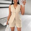 Women's Regular Fit Two Piece Set Sleeveless Blazer Vest High Waist Shorts Co Ord Outfit