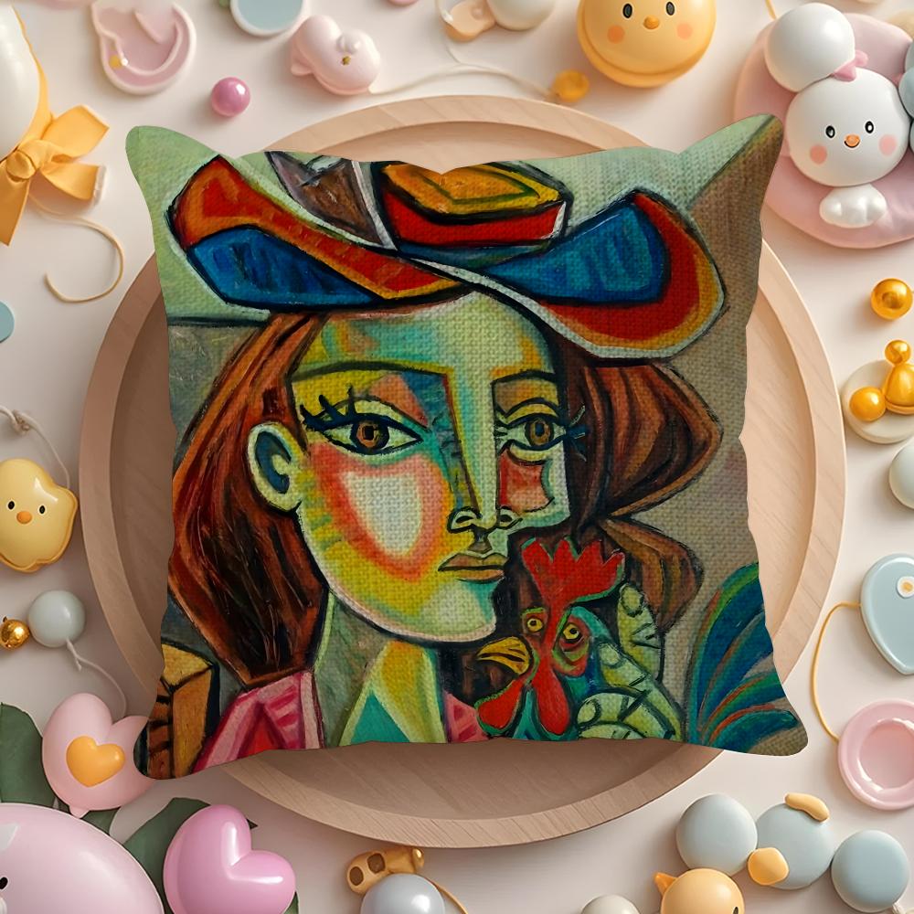P-Picasso Oil Cushion Cover Linen Organic Fabric Double-Sided Printing Breathable Pillow Case Sofa Home Decor Gift