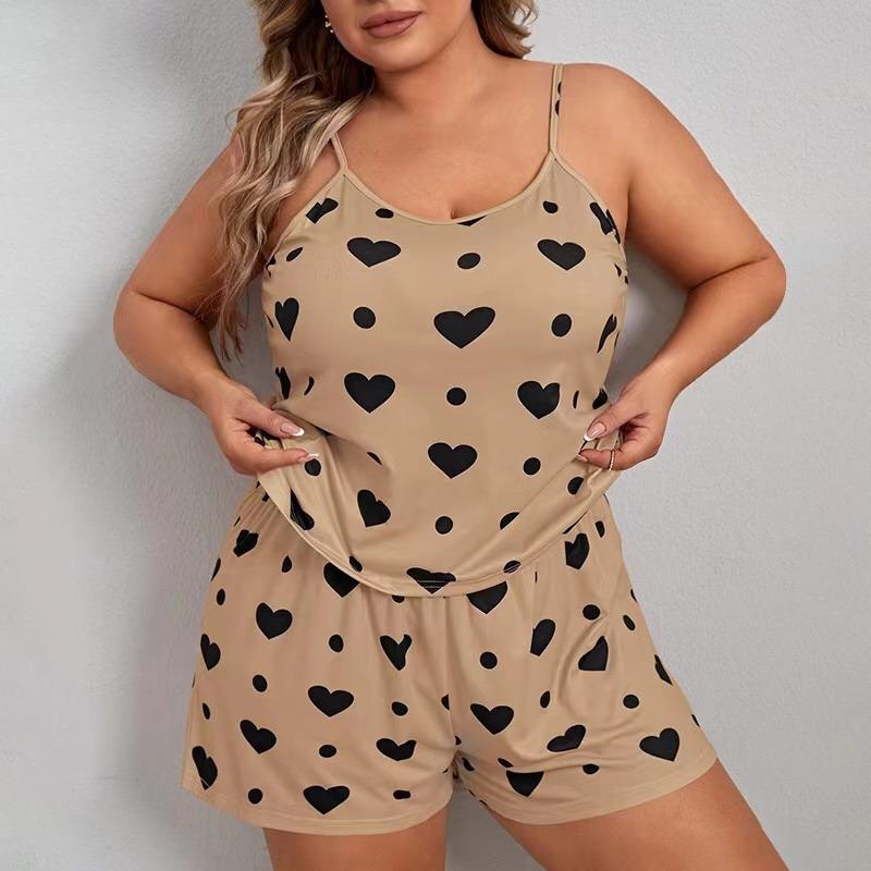 Conjunto de Pijama Feminino Plus Size com Estampa de Corações Top Cropped Sem Mangas com Decote O & Shorts de Cintura Elástica 2 Peças Roupa de Dormir Feminina