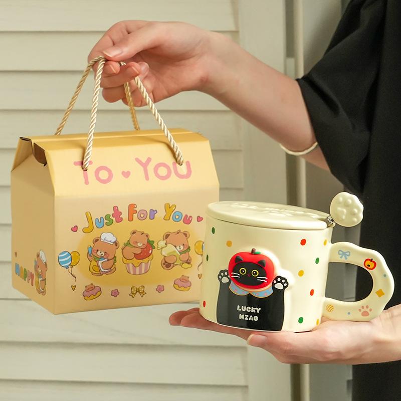 High-Value Cat Ceramic With Lid Household Coffee Couple Cup Practical Souvenir Water Cup