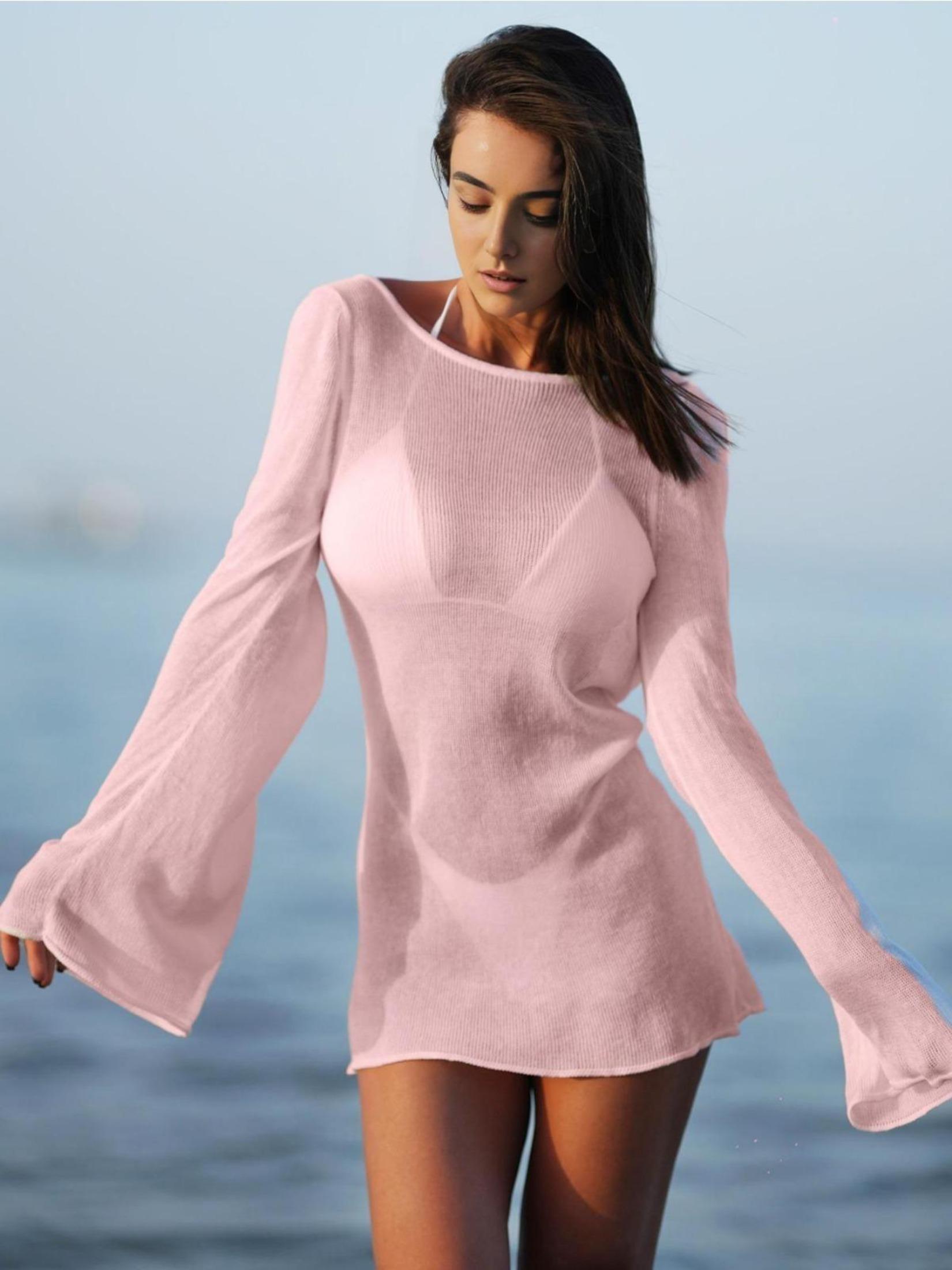 

Летнее женское однотонное вязаное мини-платье 2025 Сексуальное платье с открытой спиной и рукавами-колокольчиками, просвечивающее, короткое, пляжная накидка для купальника K98 S розовый