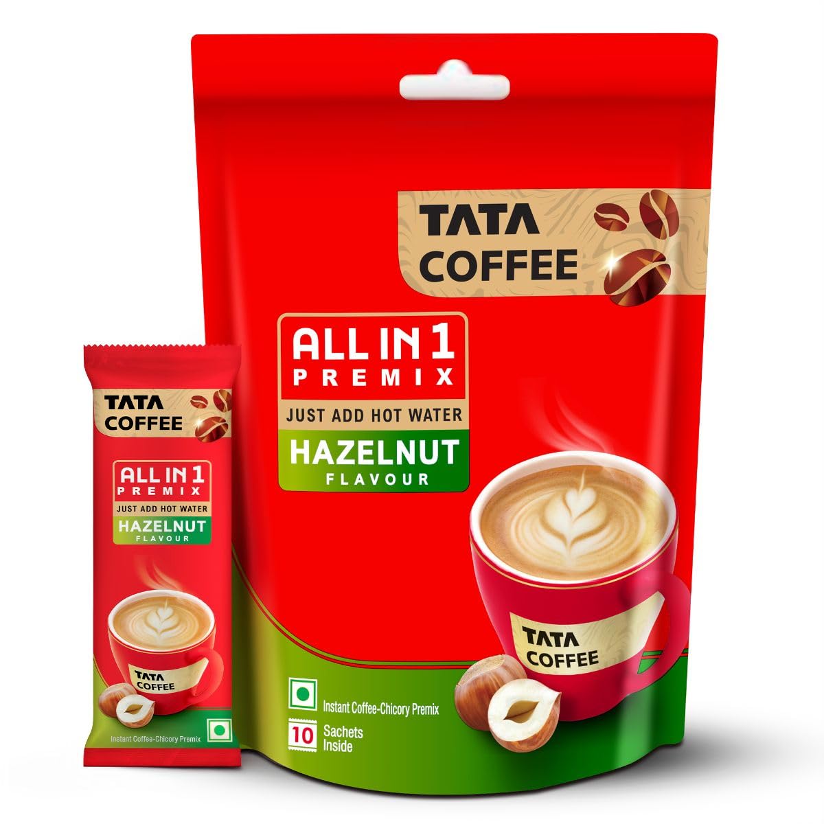 Tata Coffee All in 1 Premix, Hazelnut Flavour, Instant Coffee-Chicory Premix, Rich Aroma, Instant Coffee Sachets, Just Add Hot Water, 160g (10 Sach