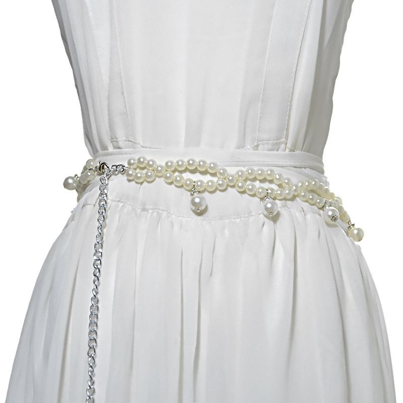 Meier New women's pearl waist chain - fashionable and sweet pearl-embellished slim belt